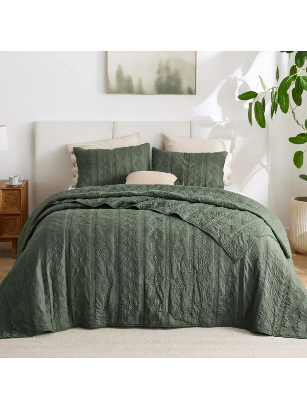 100% Cotton King Quilt Set - Soft Olive Green Bedspread for Cozy Home Decor